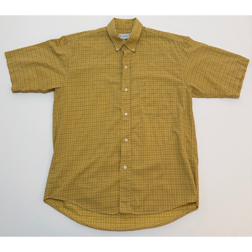 Yves Saint Laurent Mens Short Sleeve Button Down Shirt Yellow Grid Check Large
